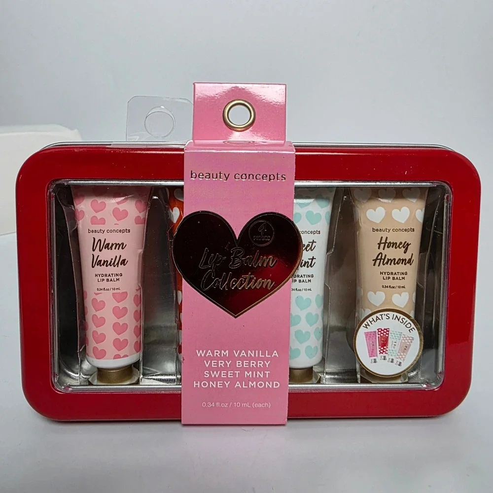Beauty Concepts 4 Piece Lip Balm Collection Tin Warm Vanilla Berry Mint Almond